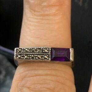 Vintage Dark Purple Amethyst and Sterling Silver Marcasite Ring size 6.75